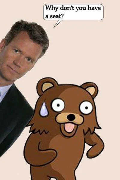 Chris Hansen confronting Pedobear cartoon with 'Why don't you have a seat?' speech bubble