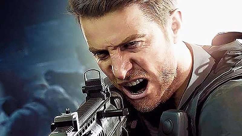 Chris Redfield holding assault rifle with intense determined facial expression and action pose.