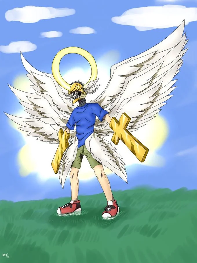 Christ For Arms — Anime-style illustration of blonde character with crucifix arms and halo against blue sky.