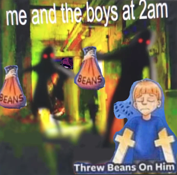 Christ For Arms — Me and the boys meme format with Christ-For-Arms and bean bags with text Throw Beans On Him.