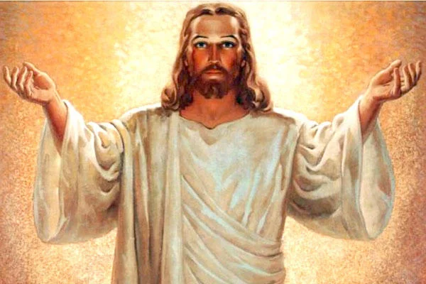 Christianity — Painted portrait of Jesus Christ with open arms in white robes