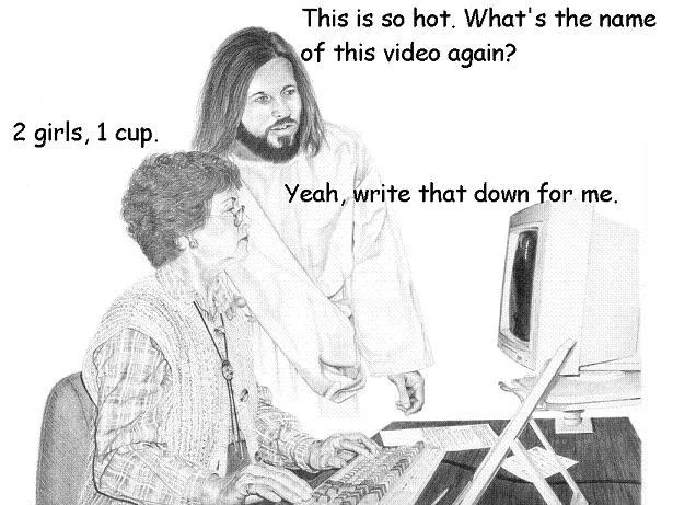 Christianity — Cartoon of Jesus standing behind grandmother at computer joke meme