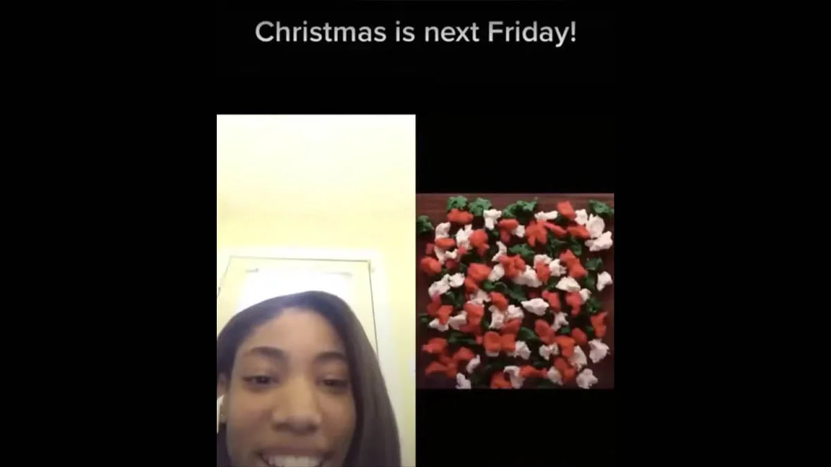 Christmas Just A Week Away! — TikTok split-screen with woman smiling next to a Christmas wreath, captioned 'Christmas is next Friday!'