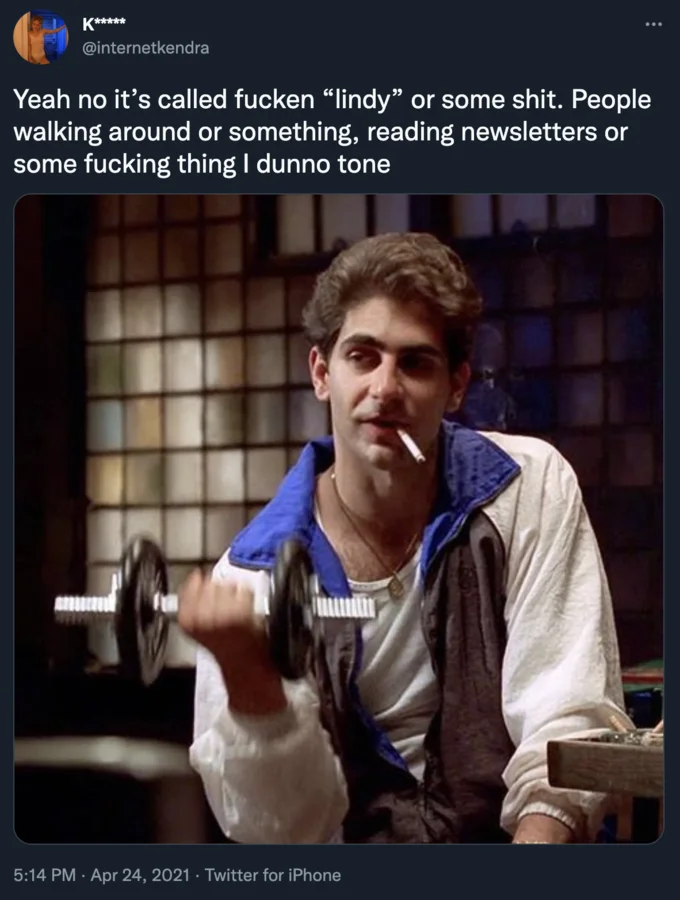 Christopher Moltisanti Explains — Tweet of young Christopher Moltisanti lifting a dumbbell with caption mocking the Lindy effect