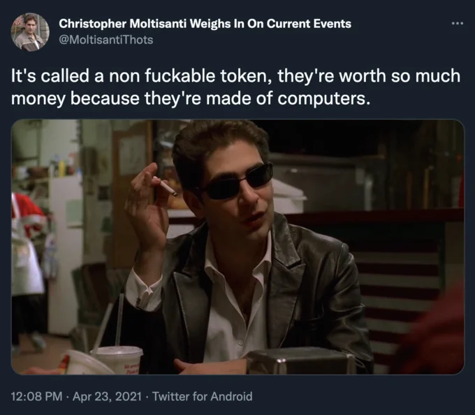 Christopher Moltisanti Explains — Tweet of Christopher Moltisanti smoking at a diner with a caption misexplaining NFTs