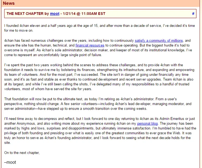Christopher Poole Moot — Screenshot of moot's 4chan retirement announcement post from January 2014