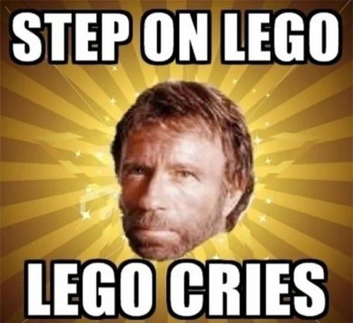 Chuck Norris Facts — Chuck Norris with dramatic sunburst golden background about pain and toy brick suffering.