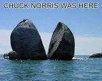 Chuck Norris Facts — Two large ocean rocks representing Chuck Norris presence through landscape-based humor.