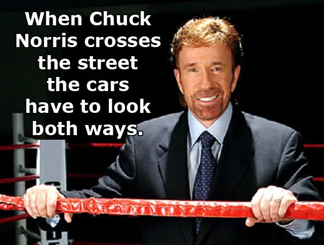 Chuck Norris Facts — Chuck Norris in formal attire in wrestling ring with vehicular physics humor.