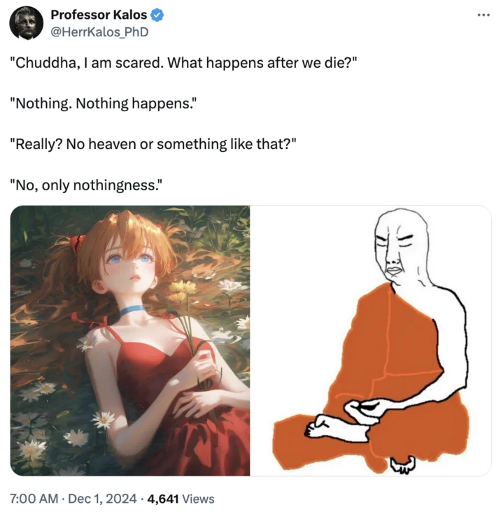 Multi-panel dialogue with Chuddha responding to existential questions with nothing.