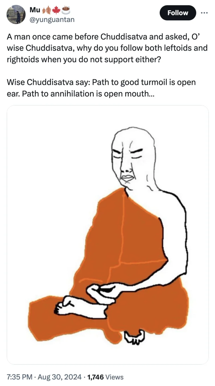 Twitter screenshot of Chuddha in philosophical discussion with Buddhist terminology wordplay.