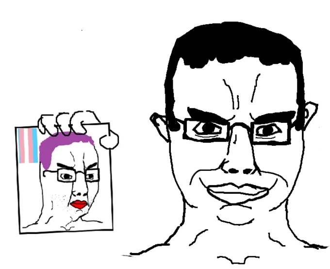 Grinning Chudjak holding a drawing of himself edited with purple hair and trans flag colors