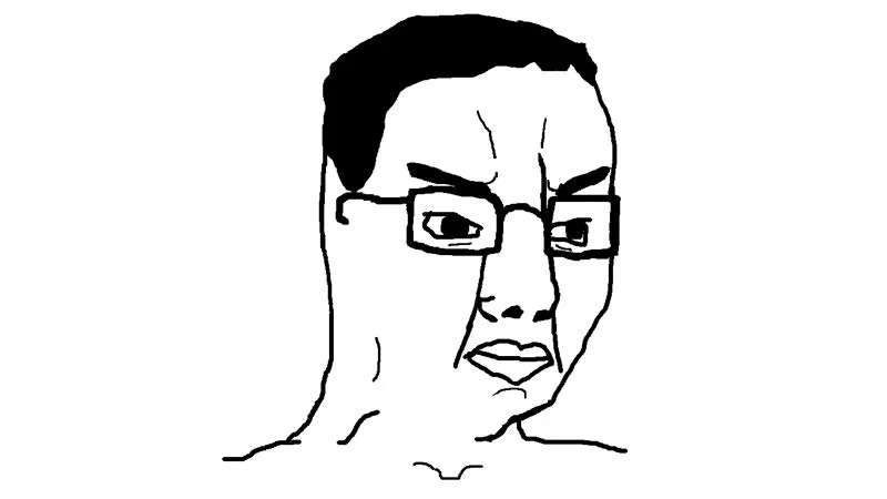 Black and white wojak drawing with short dark hair, glasses, angry brow and downturned mouth known as Chudjak