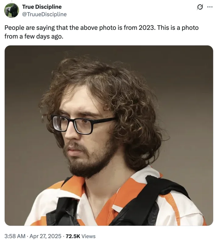 Chudjak — Tweet screenshot of a young man in an orange prison jumpsuit with long curly hair and glasses