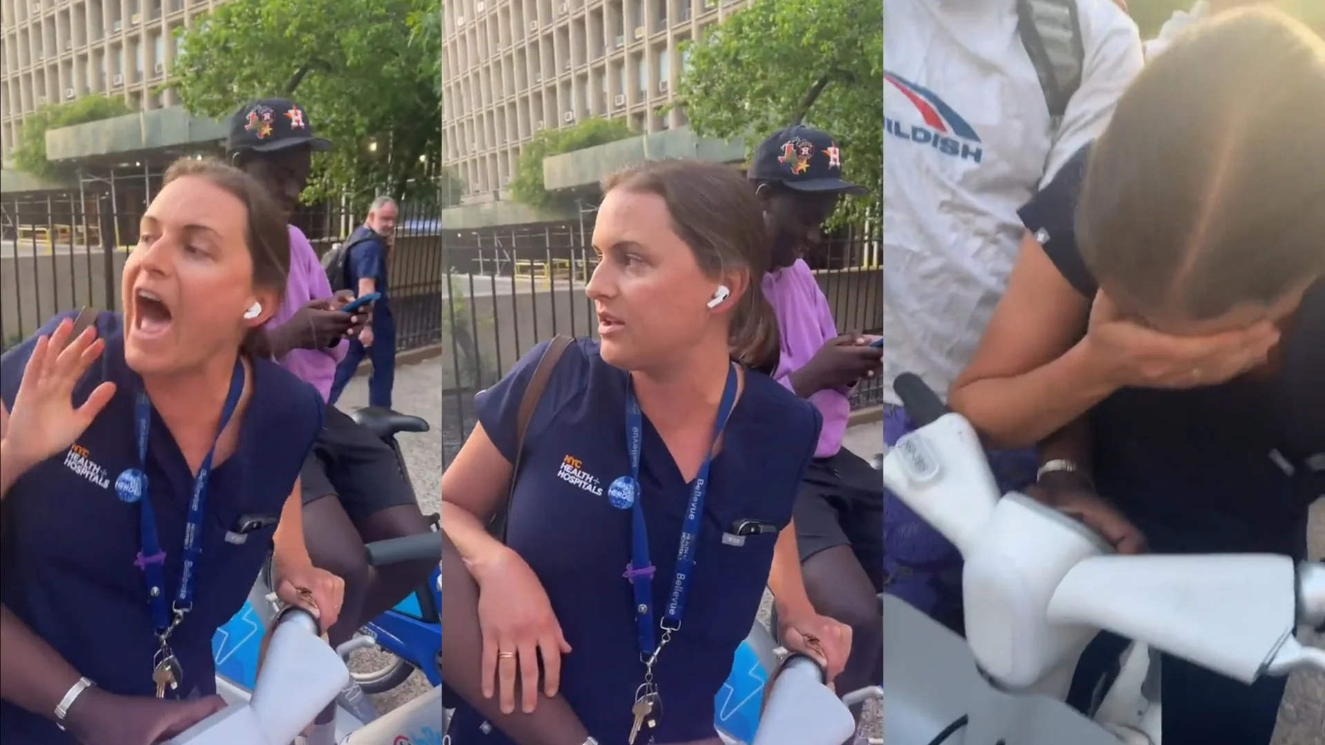 Citi Bike Karen — Three-panel still from viral Citi Bike video showing a woman in scrubs arguing with a Black man near a Citi Bike