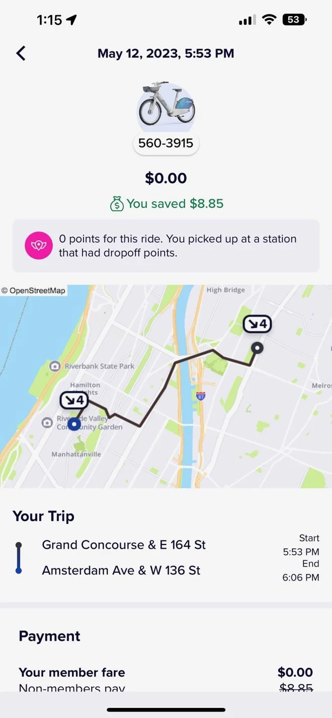 Citi Bike Karen — Citi Bike receipt for a 5:53 PM ride on May 12, 2023 from the Bronx into Manhattan