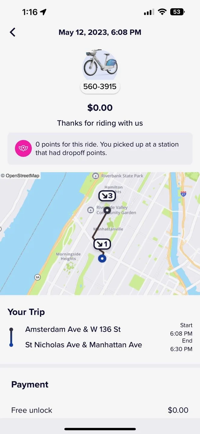 Citi Bike Karen — Citi Bike receipt for a 6:08 PM ride on May 12, 2023 through upper Manhattan
