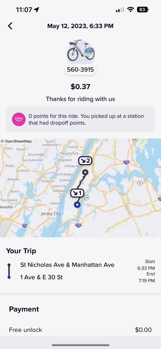 Citi Bike Karen — Citi Bike receipt for a 6:33 PM ride on May 12, 2023 ending at 1 Ave & E 30 St