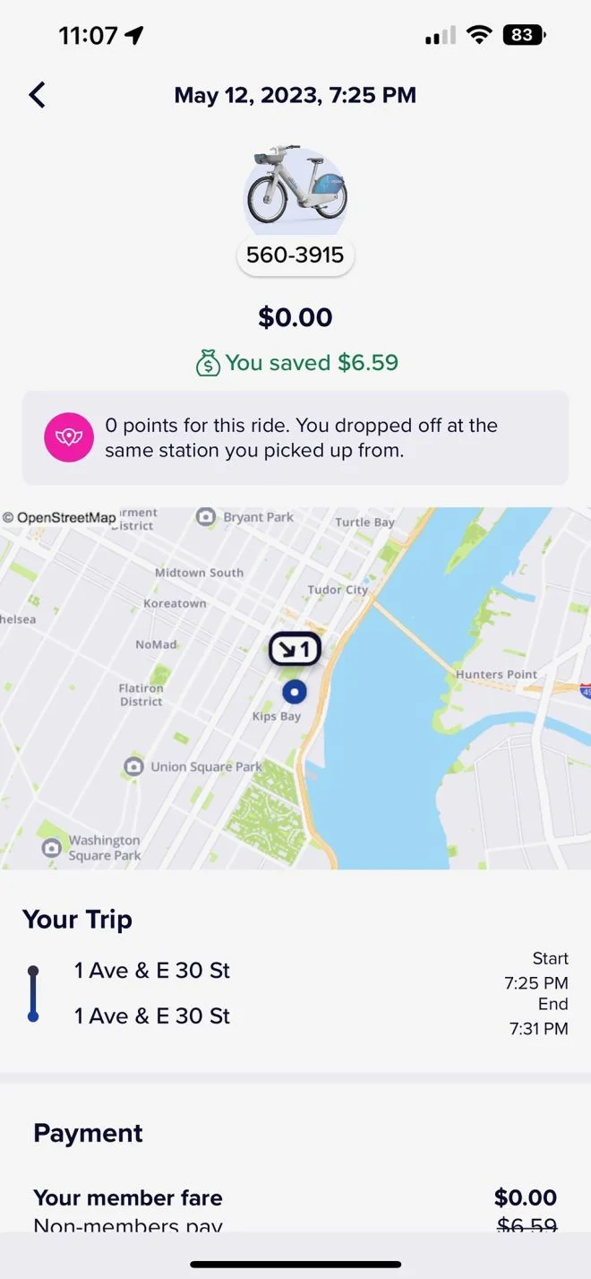 Citi Bike Karen — Citi Bike app receipt for a 7:25 PM ride on May 12, 2023 at 1 Ave & E 30 St