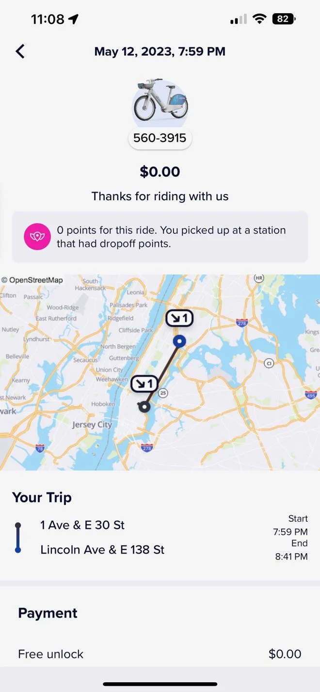 Citi Bike Karen — Citi Bike app receipt showing a ride on bike 560-3915 on May 12, 2023 at 7:59 PM