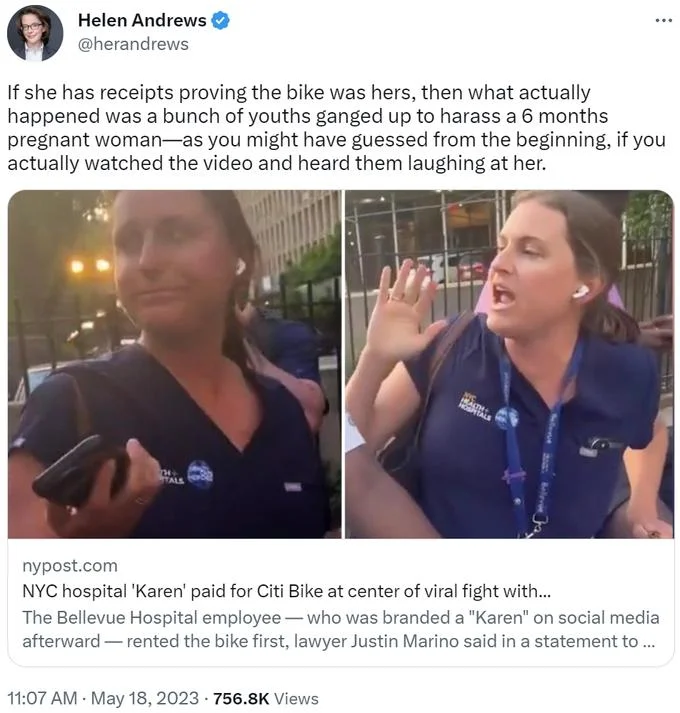 Tweet from Helen Andrews linking a NY Post article defending the woman called Citi Bike Karen