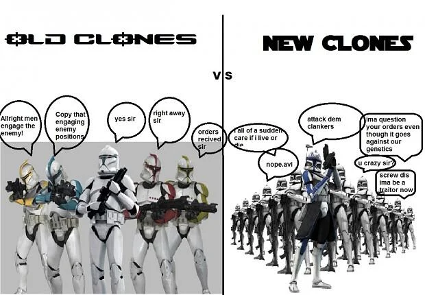 Old Clones vs New Clones meme discussing whether to attack clankers
