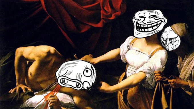 Classical Art Memes — Baroque painting with digital trollface and reaction expression overlays on figures.