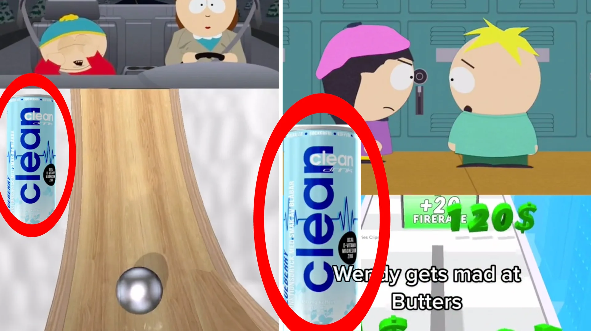 Clean Blueberry (Energy Drink) — Two TikTok clips featuring South Park characters alongside mobile game footage, each with a blue Clean Blueberry energy drink