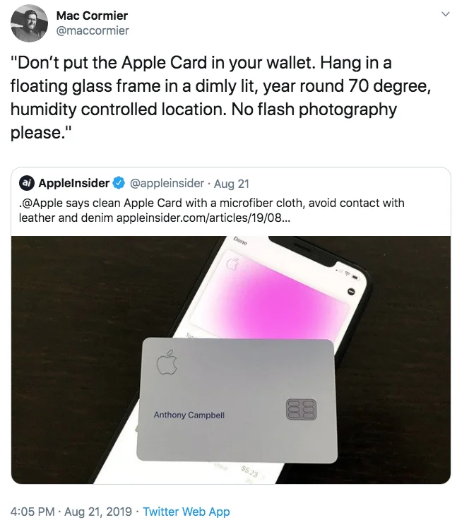 Cleaning The Apple Card — Twitter post exaggerating card cleaning needs with climate-controlled display case joke.