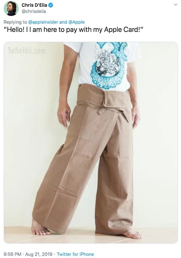 Cleaning The Apple Card — Twitter post with oversized loose pants photo as required outfit for card.