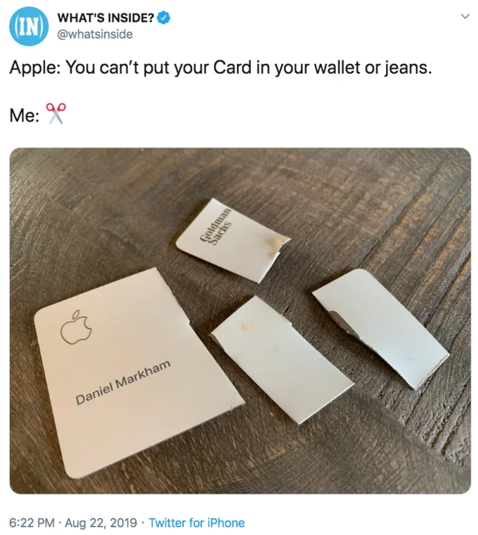 Cleaning The Apple Card — Twitter post joking card cannot go in most places people carry cards.