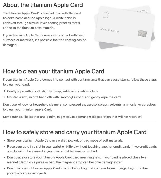 Cleaning The Apple Card — Apple's official support documentation detailing cleaning methods and storage restrictions.