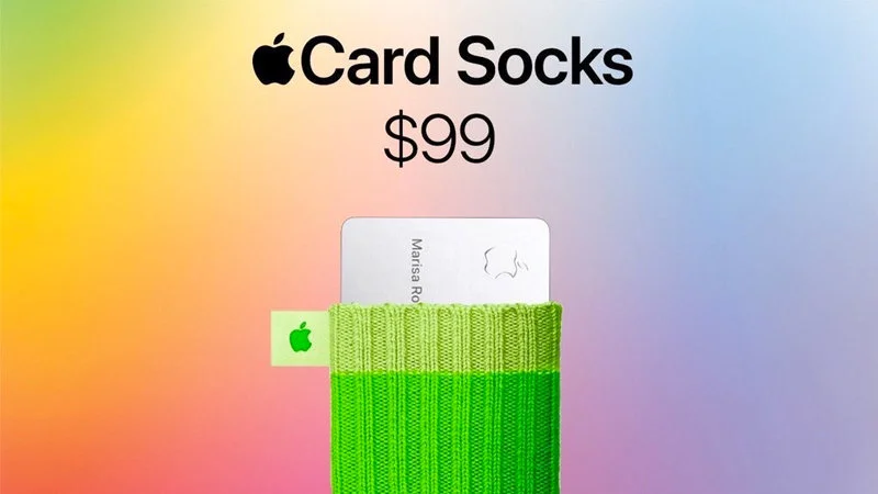 Cleaning The Apple Card — Satirical product mockup of Card Socks priced at $99 in green ribbed knit.