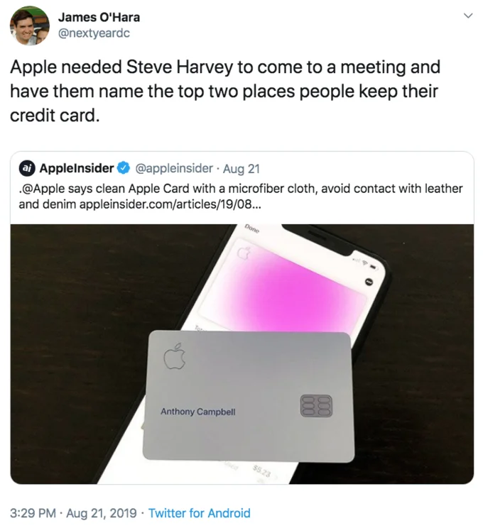 Cleaning The Apple Card — Twitter post suggesting Steve Harvey name where people keep credit cards.