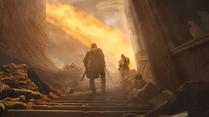Cleganebowl — Dramatic golden-lit fantasy scene with armored figures on stone stairs.
