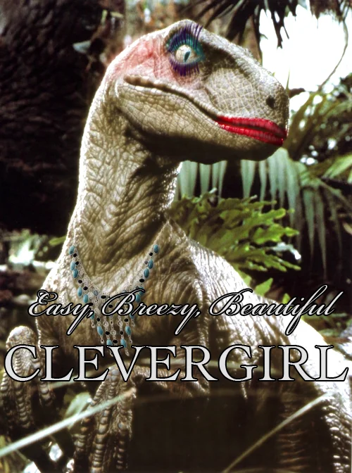 Clever Girl — Velociraptor with makeup and necklace parodying a CoverGirl cosmetics advertisement
