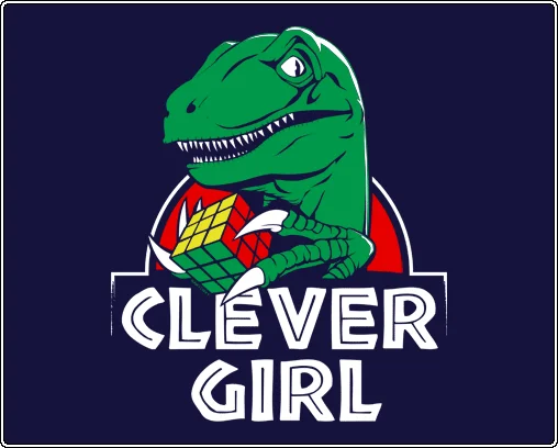 Cartoon velociraptor holding a Rubik's Cube with 'Clever Girl' logo