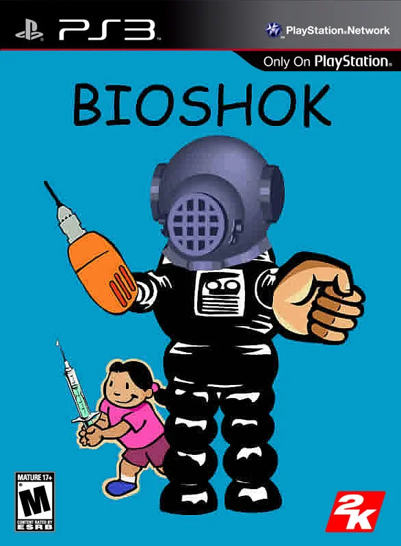 Clip Art Covers — BioShock PS3 game cover with blocky robot Big Daddy and girl holding syringe.