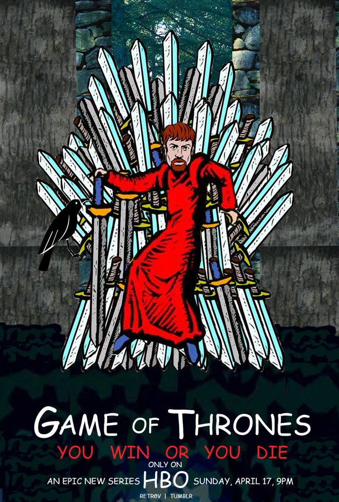 Clip Art Covers — Game of Thrones poster with flat cartoon figure on clip art sword Iron Throne.