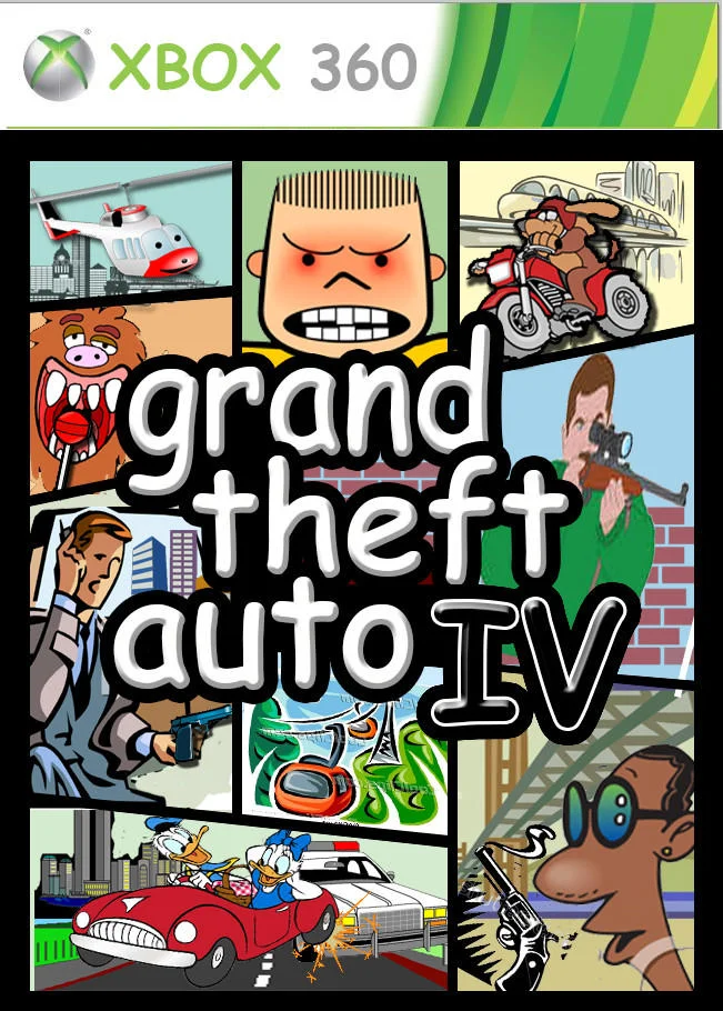Clip Art Covers — Grand Theft Auto IV multi-panel grid cover with clip art cars, helicopters, and characters.