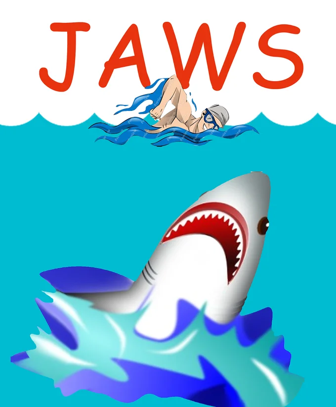 Clip Art Covers — Jaws movie poster with clip art swimmer and cartoonish great white shark.