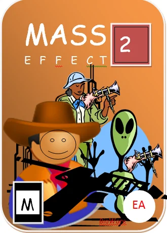 Clip Art Covers — Mass Effect 2 game cover on orange background with cowboy Shepard and clip art figures.