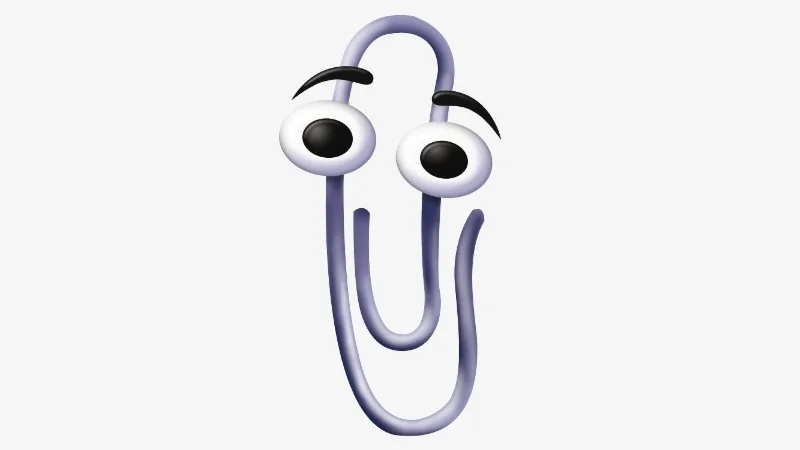 Clippy the Microsoft Office paperclip assistant with big eyes and raised eyebrows