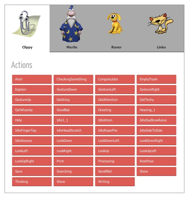 Microsoft Office Assistant character selection showing Clippy, Merlin, Rover, and Links with their action list