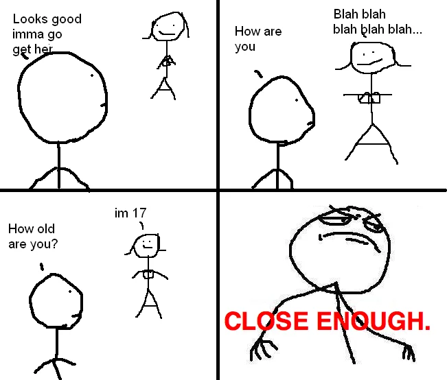 Four-panel comic about dating and aging with Close Enough accepting reality.