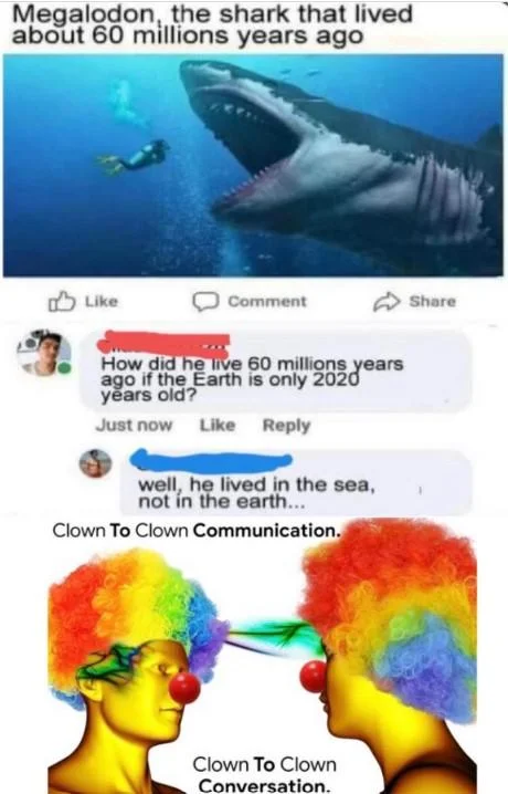 Clown to Clown Communication — Facebook screenshot about Megalodon dates with clown-to-clown meme reaction attached