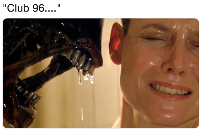 Alien creature whispering to human with Club 96 text.