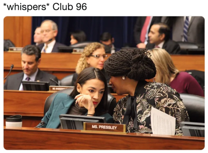 Congressional hearing scene with whispers Club 96 text overlay.