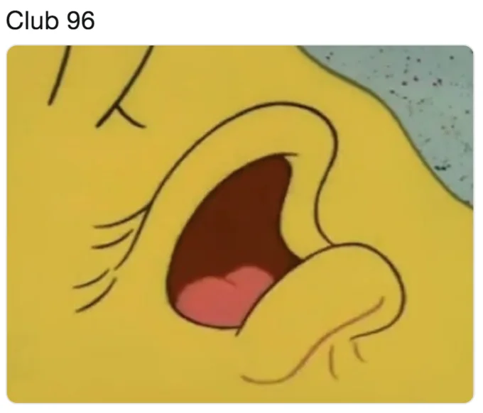 SpongeBob with wide open mouth and Club 96 text label.