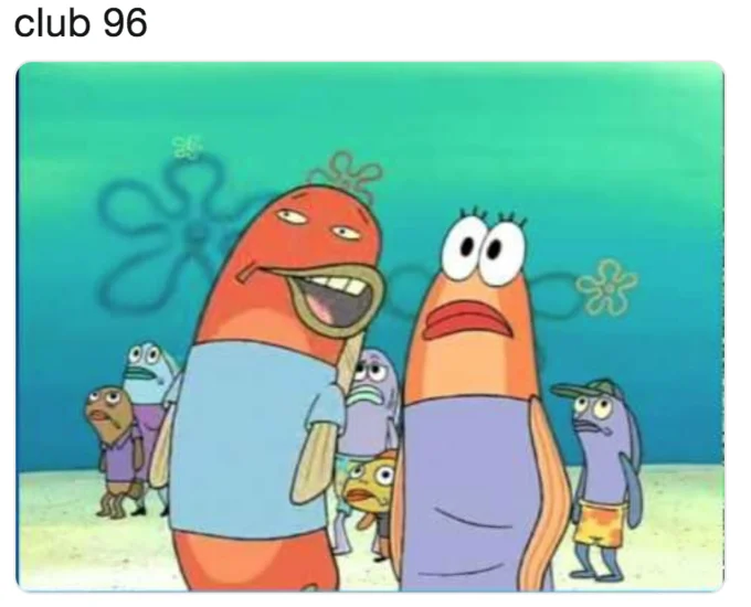 SpongeBob character with open mouth expression and Club 96 label.